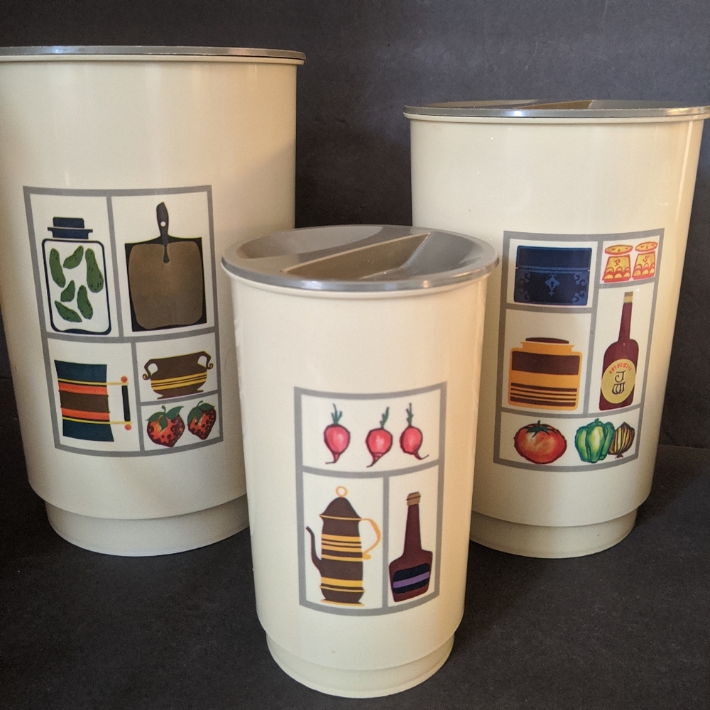 Kitchen Canister Set Of 3 1970's Vintage Retro Plastic Kitchen Themed Decal